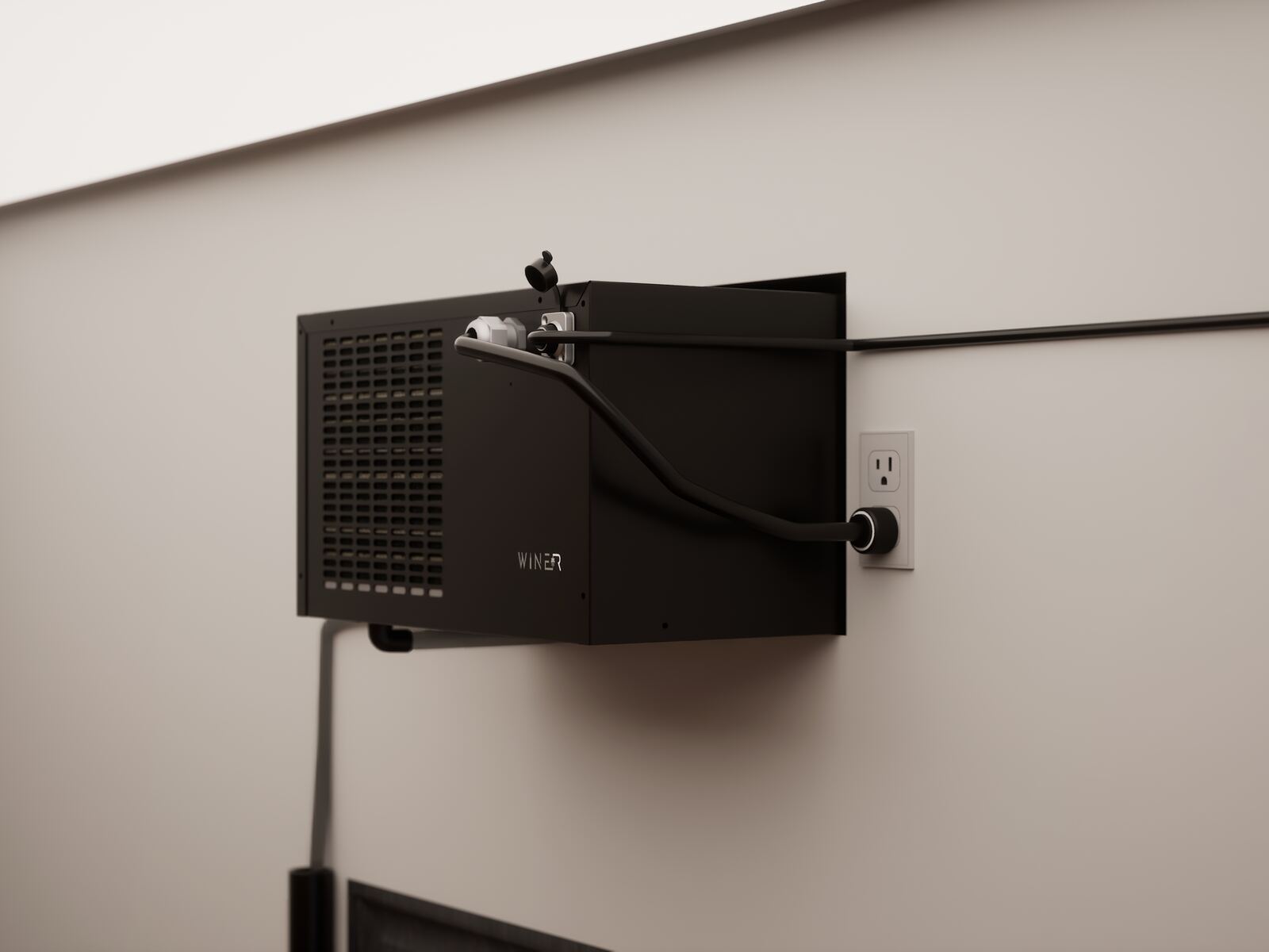 Warm side of the same wall: WR2500 chassis left open on the wall with a dedicated outlet, power cord, and condensate drain line
